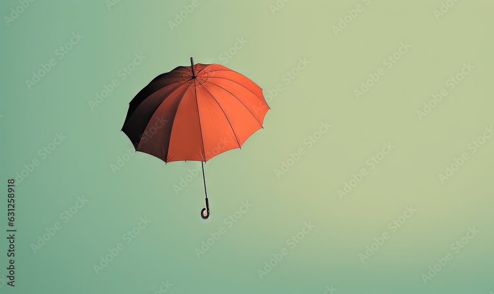  an orange umbrella flying in the air with a green background.  generative ai