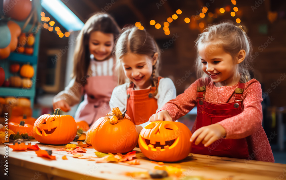 Group of children cutting pumpkins for Halloween. Concept of fun activities such as making a scary jack o lantern. Shallow field of view. Group of children cutting pumpkins for Halloween. Concept of fun activities such as making a scary jack o lantern. Shallow field of view.