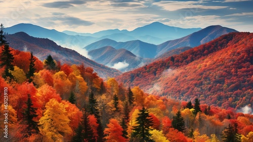  a scenic view of a mountain range with colorful trees in the foreground. generative ai