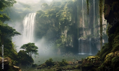  a waterfall in the middle of a jungle with trees and rocks.  generative ai