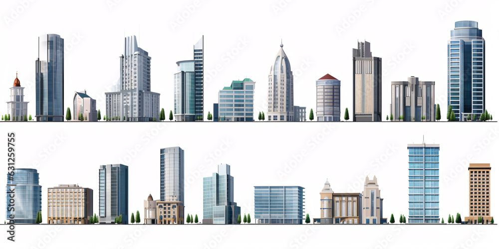 Set of different skyscraper buildings isolated on white. 3d illustration Set of different skyscraper buildings isolated on white. 3d illustration