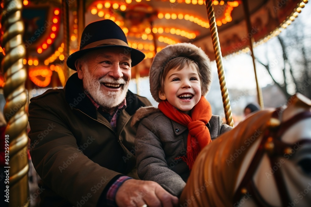 Elderly Gentleman and His Grandson Riding a Carousel. AI