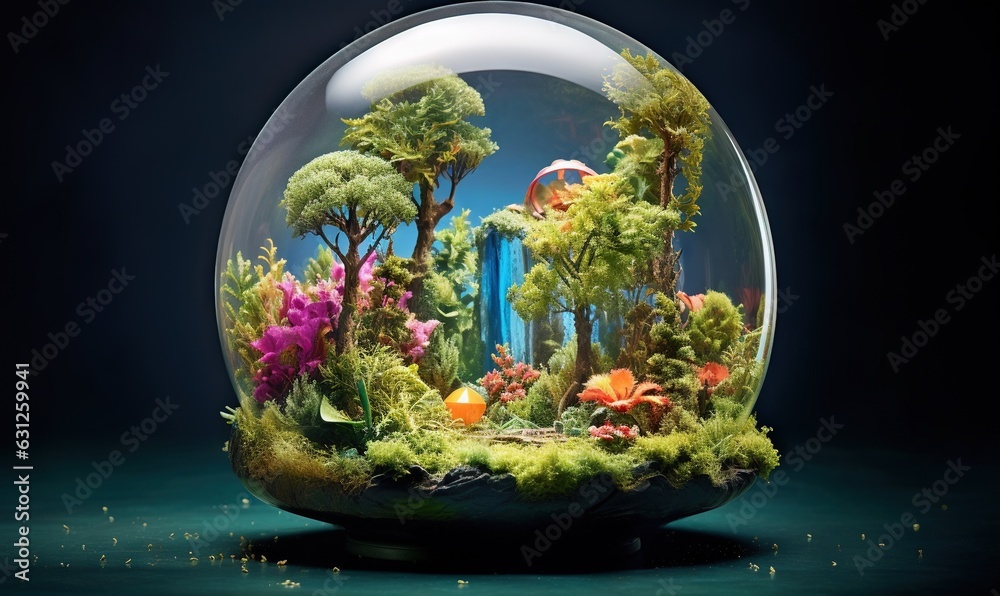 a glass ball with plants and trees inside of it on a table. generative ai a glass ball with plants and trees inside of it on a table. generative ai