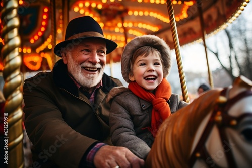 Elderly Gentleman and His Grandson Riding a Carousel. AI © Usmanify