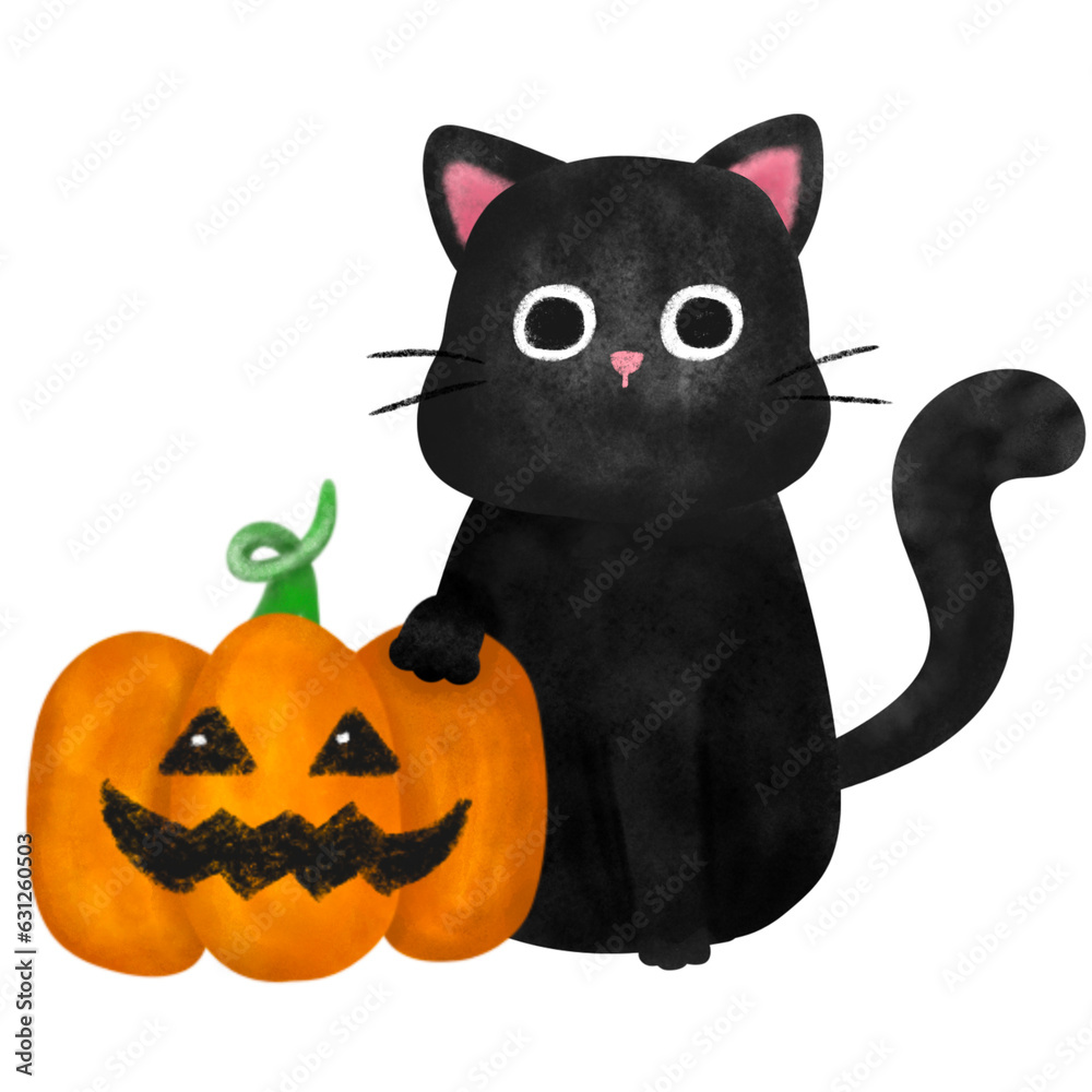 Fototapeta premium black cat with pumpkin. Watercolor painting halloween concept.