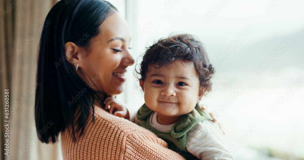 Love, happy and mother with baby at window for play, relax and quality time. Happiness, smile and health with a woman and newborn infant in family home apartment for care, security and bonding