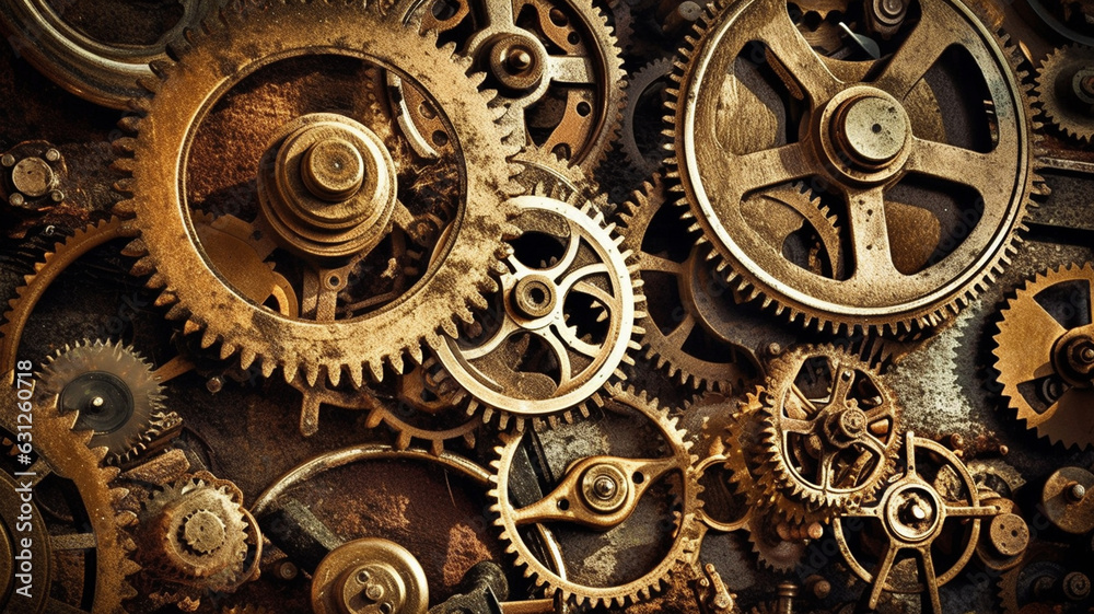 old metal gears and cogs on a black background, generative ai old metal gears and cogs on a black background, generative ai