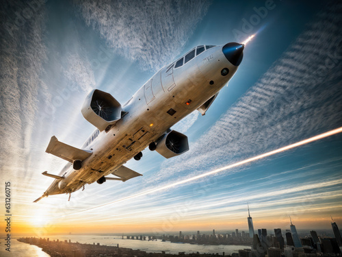 Digital photorealistic photo of a Futuristic vertical takeoff passenger aircraft. Futuristic passenger transport concept.