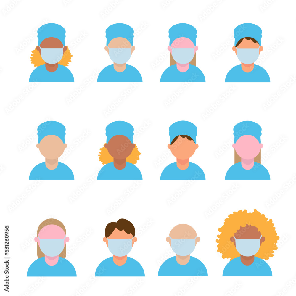 Set of icons of doctors, nurses, in masks, hat. Different skin color doctor. Doctor icon in uniform. Flat style male. Vector illustration. Set of icons of doctors, nurses, in masks, hat. Different skin color doctor. Doctor icon in uniform. Flat style male. Vector illustration.