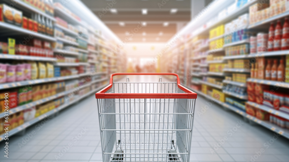Supermarket aisle with empty shopping cart. Grocery Store with trolley. - obrazy, fototapety, plakaty 