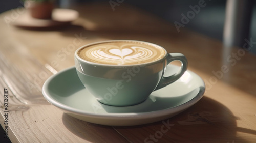 coffee latte art on wooden table in cafe, generative ai