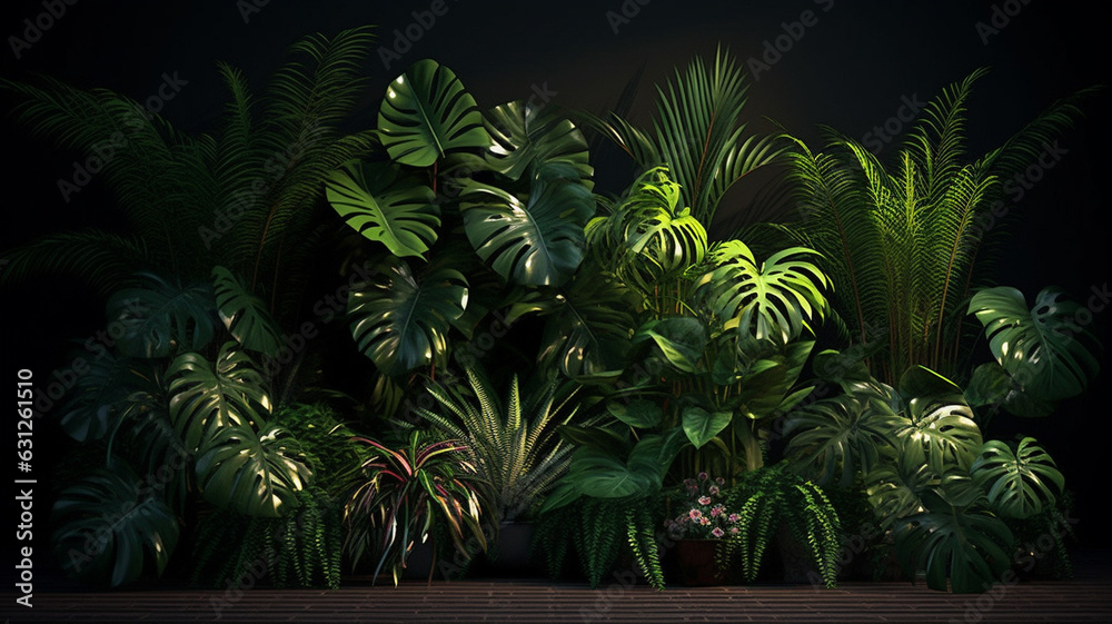 dark room with palm leaves and fern, generative ai dark room with palm leaves and fern, generative ai