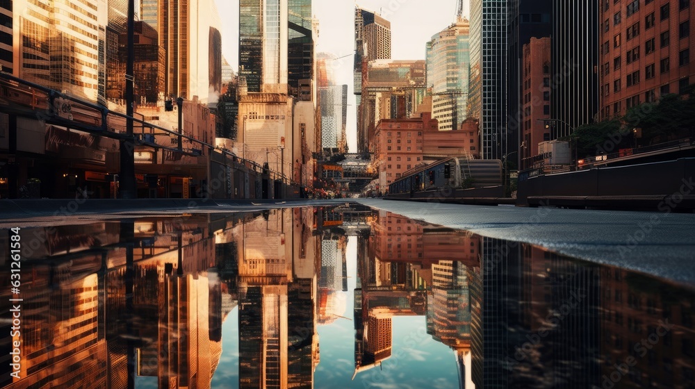 A reflective surface capturing the buildings showcasing urban aesthetics. AI generated