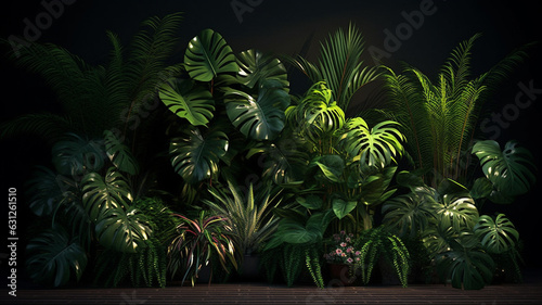 dark room with palm leaves and fern  generative ai