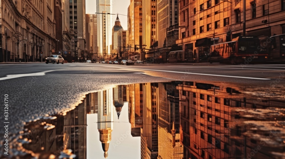 A reflective surface capturing the buildings showcasing urban aesthetics. AI generated
