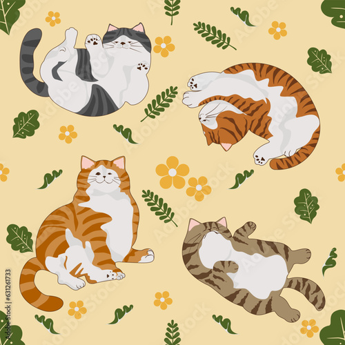 Cute cat vector cartoon flowers leave seamless patterns and backgrounds.