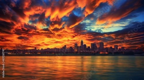 A vibrant sunset over a city skyline. AI generated