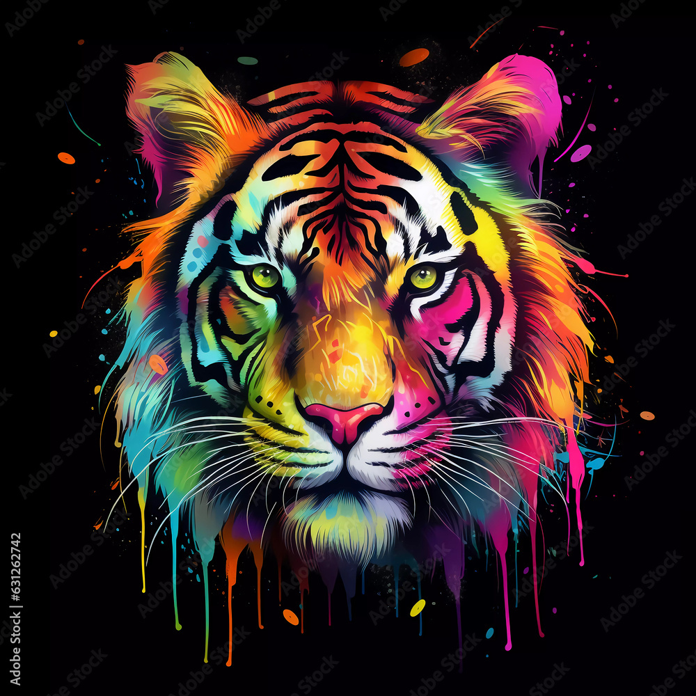 Painting of a tiger with neon on black background
