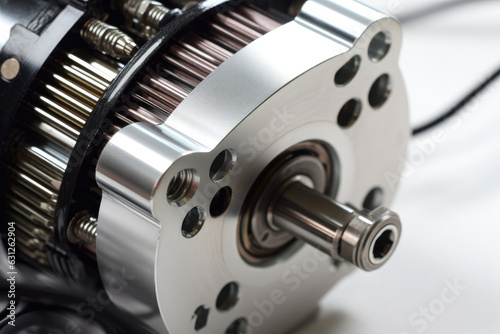 Close-up of a highly precise servo motor for industrial automation applications with metallic gears and complex wiring.