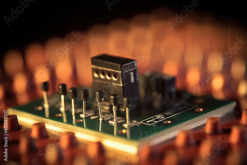 A high frequency rectifier's Schottky diode is shown up close on a black circuit board. photo