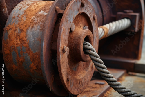 a close-up of a rusty winch that has been used and worn down but is still going strong.