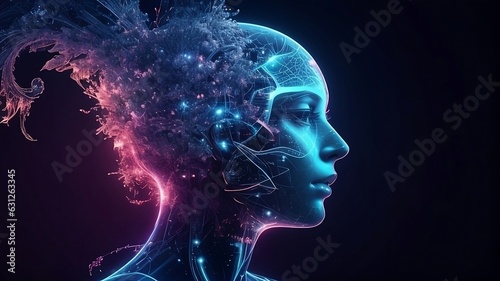 AI and humanity unite in this captivating image. The neural women portrait adorned with neon pink and blue pathways embodies the cutting-edge harmony of technology and artistry. 16:9