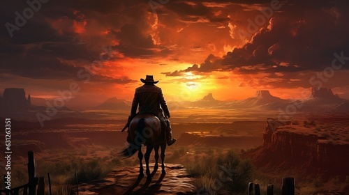 Cowboy on the prairie in hot weather. Sunbeams and a horse in a clearing, a handsome man of 35 years old poses for the camera. Wild West theme. Generative AI 