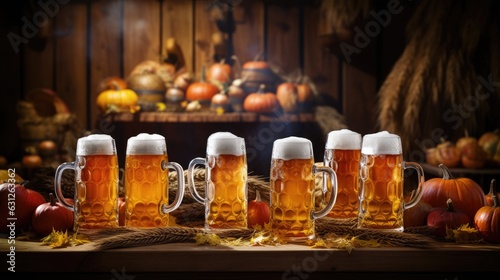 Traditional beer mugs filled to the brim, placed on a rustic table. Generative AI