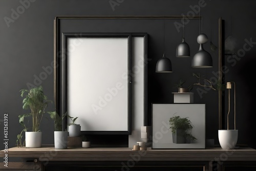 Mockup picture frame on a black wooden cabinet. 3d rendered illustration