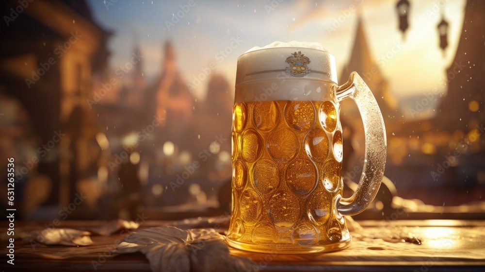 A close up view of golden foamy beer in a traditional stein. Generative AI