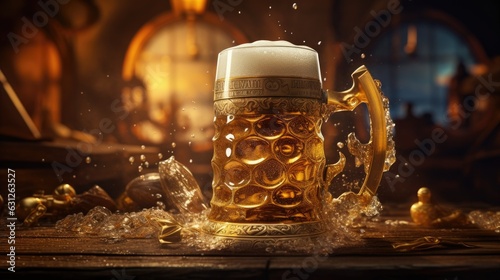 A close up view of golden foamy beer in a traditional stein. Generative AI