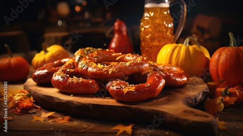 Delicious German pretzels and sausages arranged on a wooden board. Generative AI