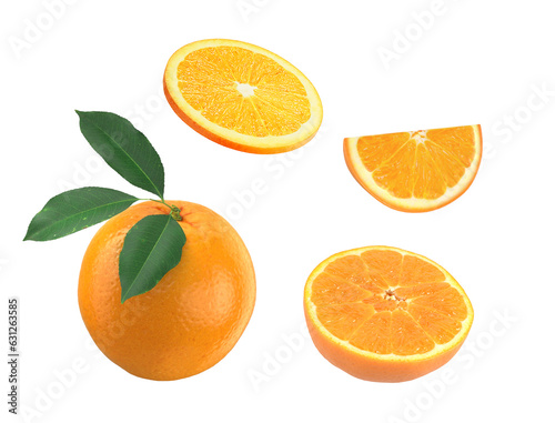 Orange with leaves and three kinds of slices  orange fruit  sliced orange