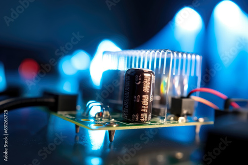 A voltage regulator is shown up close with a circuit board and glowing LED lights in the background.