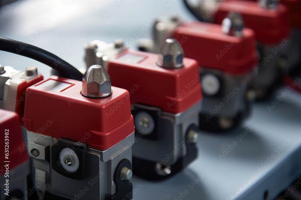 Interlock switches up close in a manufacturing facility. Interlock switches up close in a manufacturing facility.