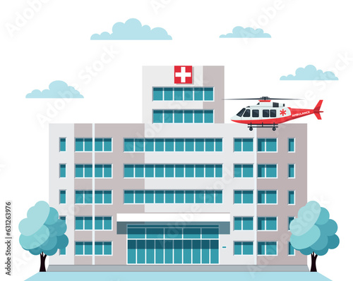 Medical concept with hospital building in flat style. hospital building, helicopter isolated on white. City hospital building with ambulance and helicopter in flat design. vector.