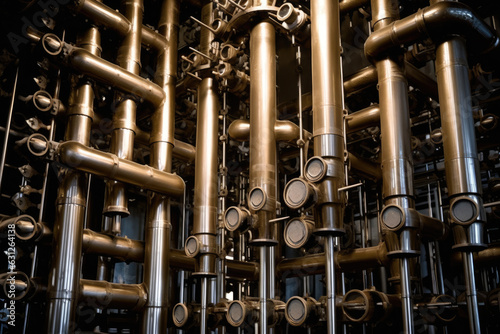 A close-up of the complex system of tubes and valves found in an industrial evaporator used in the production of chemicals and pharmaceuticals. photo