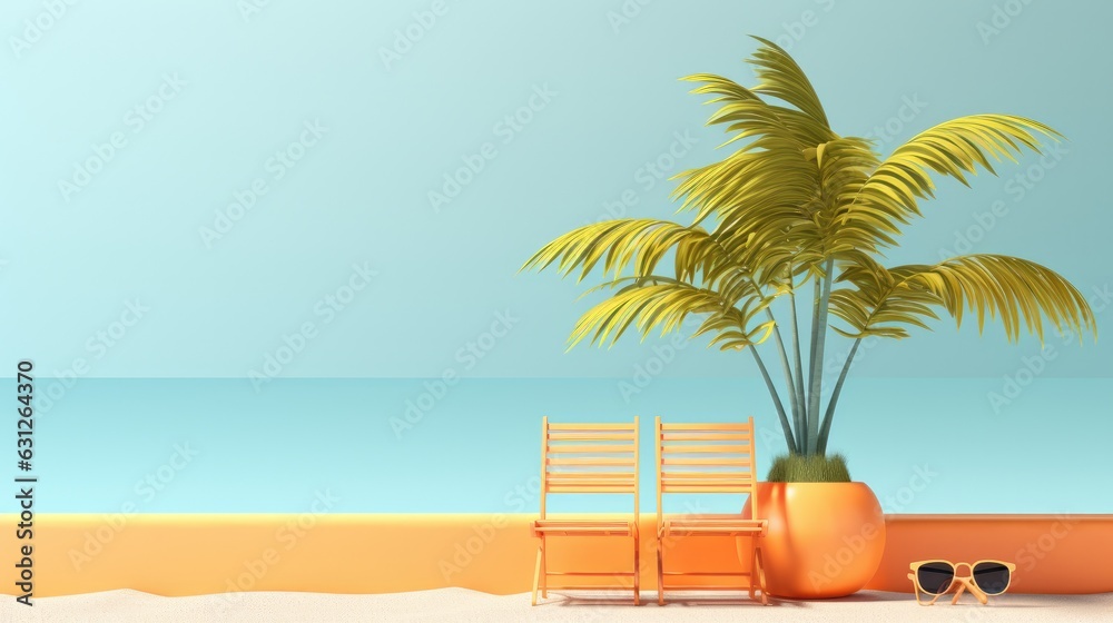 A peaceful scene of a flowerpot, chairs, and a majestic palm tree on the beach, surrounded by the open sky and nature, creating a calming outdoor atmosphere