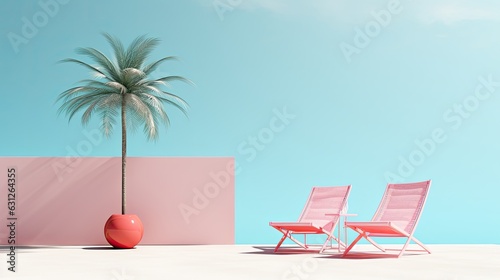 Under the blue sky, two vibrant pink lounge chairs are positioned amongst the swaying arecales of a tall palm tree, creating a picturesque outdoor beach scene