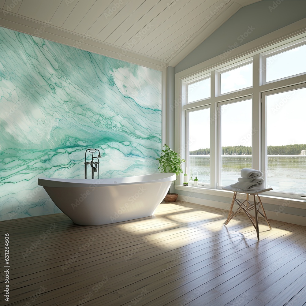 A bright, airy bathroom with a gleaming bathtub and a large window, allowing natural light to flood the room and illuminate the walls, floor, and ceiling A bright, airy bathroom with a gleaming bathtub and a large window, allowing natural light to flood the room and illuminate the walls, floor, and ceiling