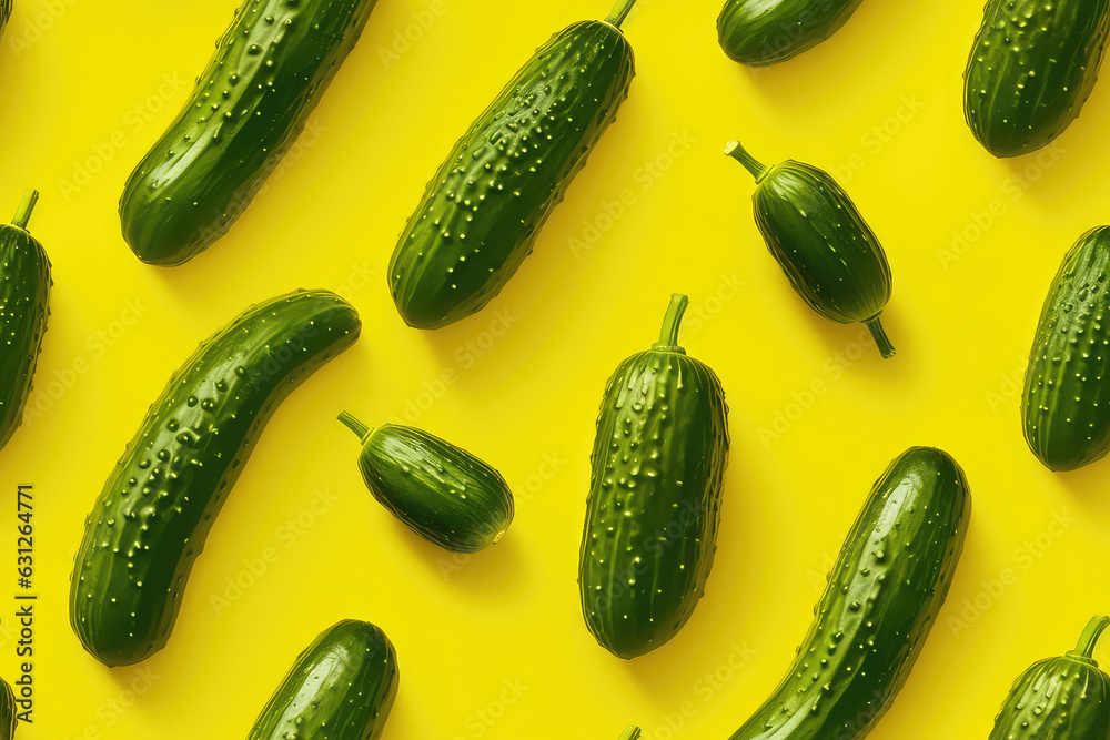 Cucumber on yellow background seamless pattern, vegetable tile ornament, cucumbers repeat texture for wrapping paper or textile print. 3d render cartoon illustration style. Cucumber on yellow background seamless pattern, vegetable tile ornament, cucumbers repeat texture for wrapping paper or textile print. 3d render cartoon illustration style.