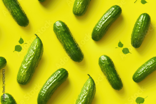 Cucumber on yellow background seamless pattern, vegetable tile ornament, cucumbers repeat texture for wrapping paper or textile print. 3d render cartoon illustration style.