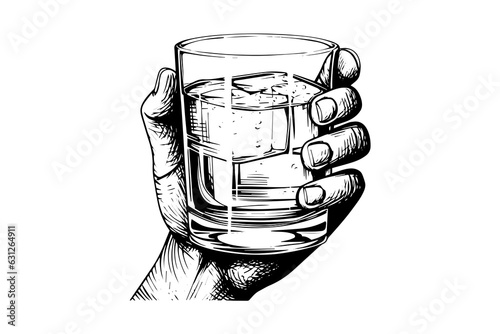 Whiskey glass in hand drawn ink sketch engraving style vector illustration.