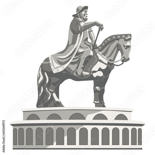 Monument to Genghis Khan in Mongolia. Horseman sculpture, vector. Founder of the Mongol Empire, leader of the nomads. Great warrior-conqueror.