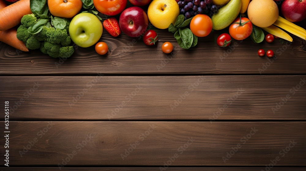 Fruits and Vegetable on wood table top view copy space, Generative AI