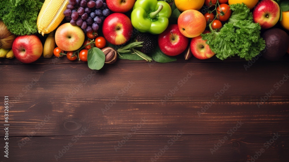 Fruits and Vegetable on wood table top view copy space, Generative AI Fruits and Vegetable on wood table top view copy space, Generative AI