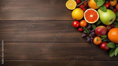 Fruits and Vegetable on wood table top view copy space  Generative AI