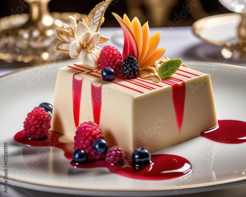A mesmerizing close-up of a gourmet dessert, the intricate details of the delicately sculpted white chocolate garnish, and the vibrant fruit coulis