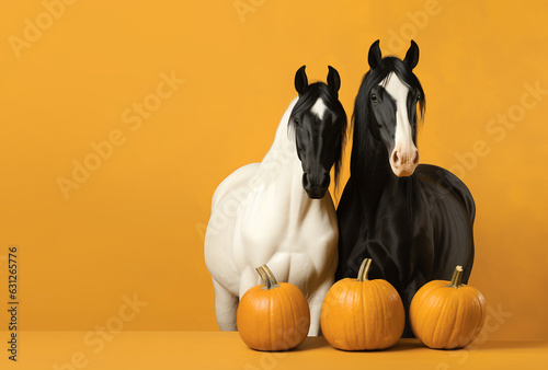 Portrait of two horses with pumpkins on yellow background