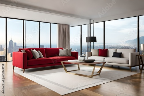 modern living room with red sofa generated by AI